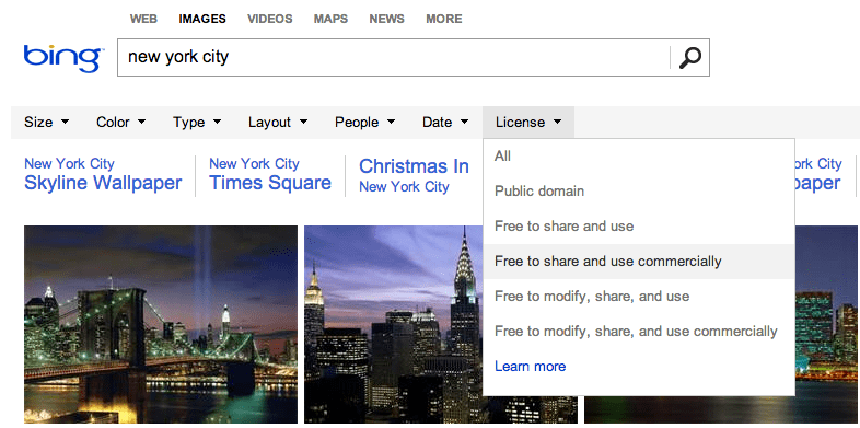 Bing Usage Rights on Images