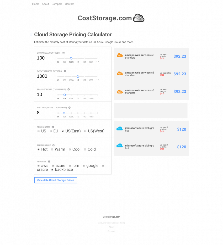Cloud Storage Pricing Calculator by CostStorage.com